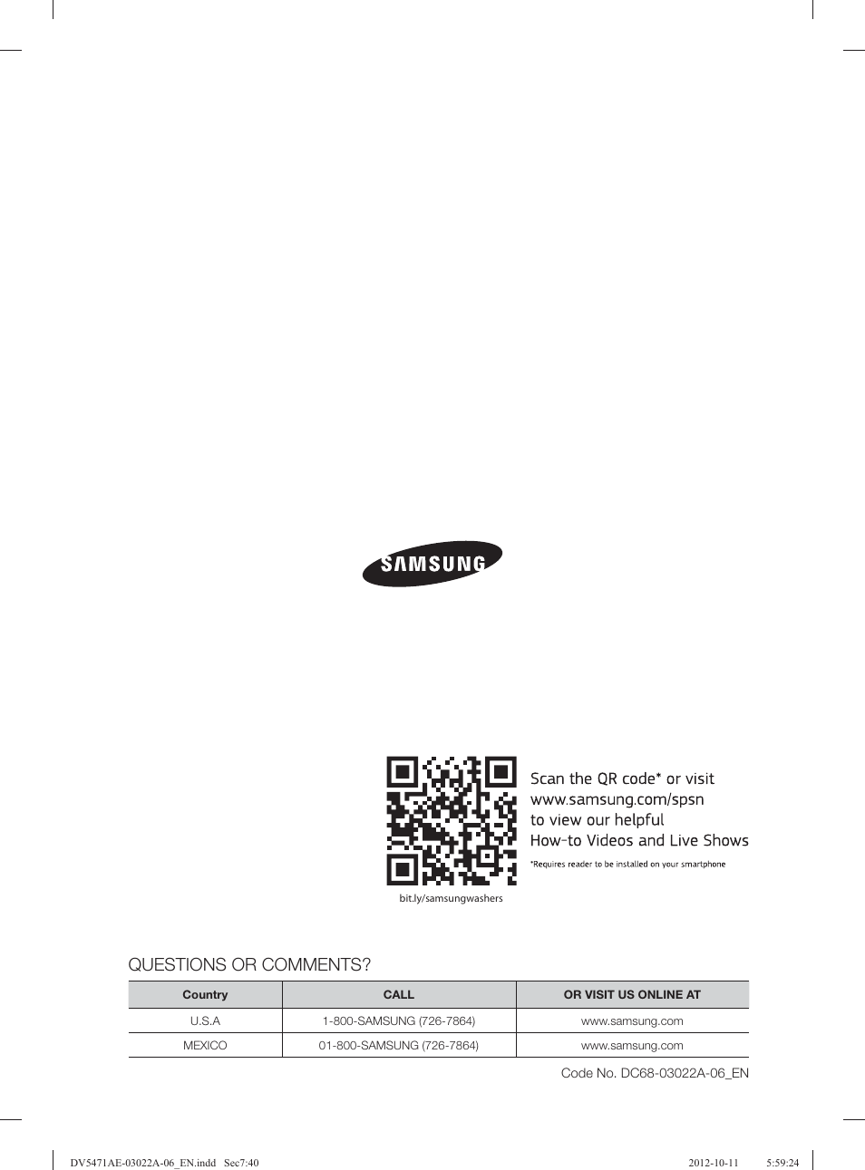 Questions or comments | Samsung DV5451AGW-XAA User Manual | Page 40 / 80