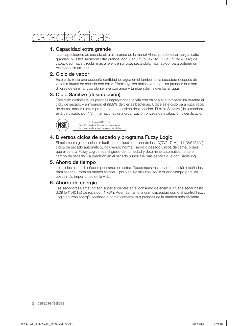 Características | Samsung DV5451AGW-XAA User Manual | Page 42 / 80