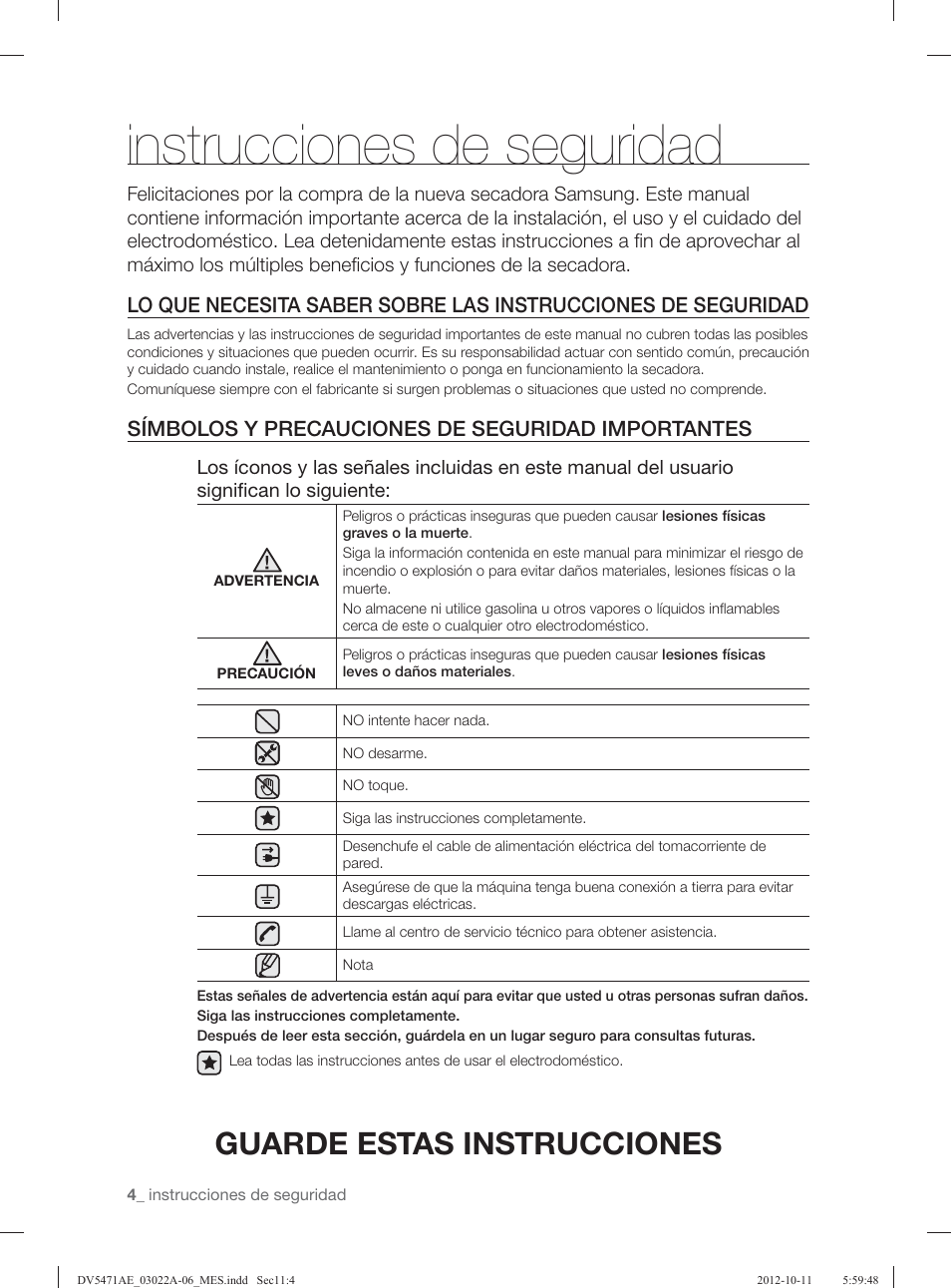 Instrucciones de seguridad, Guarde estas instrucciones, Símbolos y precauciones de seguridad importantes | Samsung DV5451AGW-XAA User Manual | Page 44 / 80