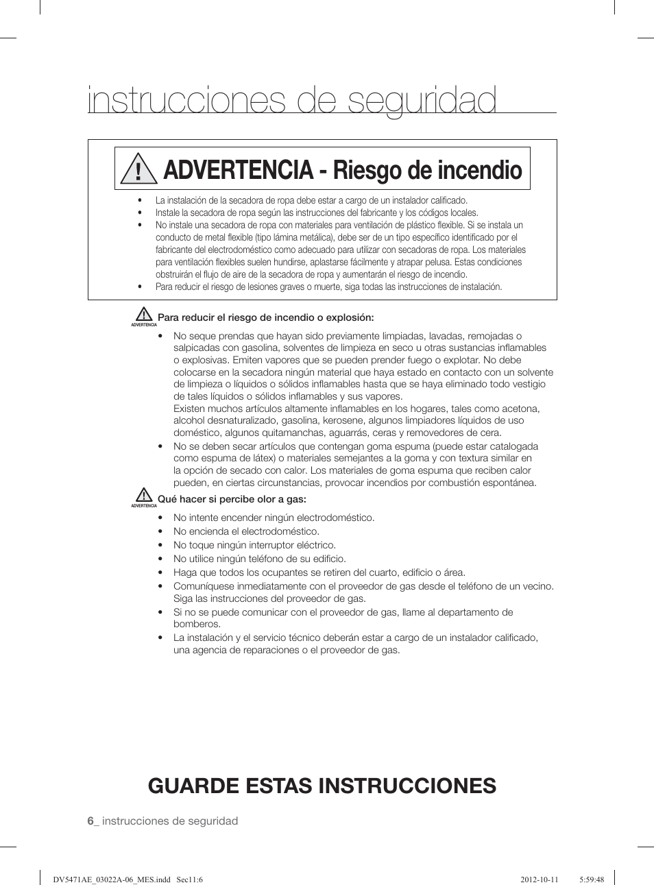 Instrucciones de seguridad, Advertencia - riesgo de incendio, Guarde estas instrucciones | Samsung DV5451AGW-XAA User Manual | Page 46 / 80