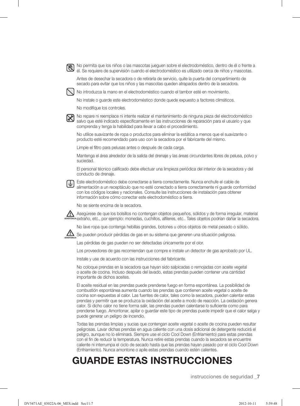 Guarde estas instrucciones | Samsung DV5451AGW-XAA User Manual | Page 47 / 80