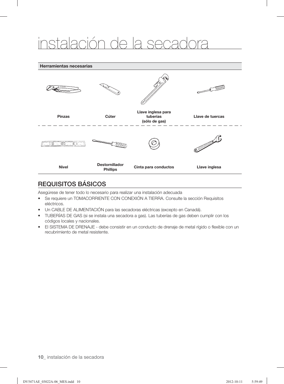 Instalación de la secadora, Requisitos básicos | Samsung DV5451AGW-XAA User Manual | Page 50 / 80