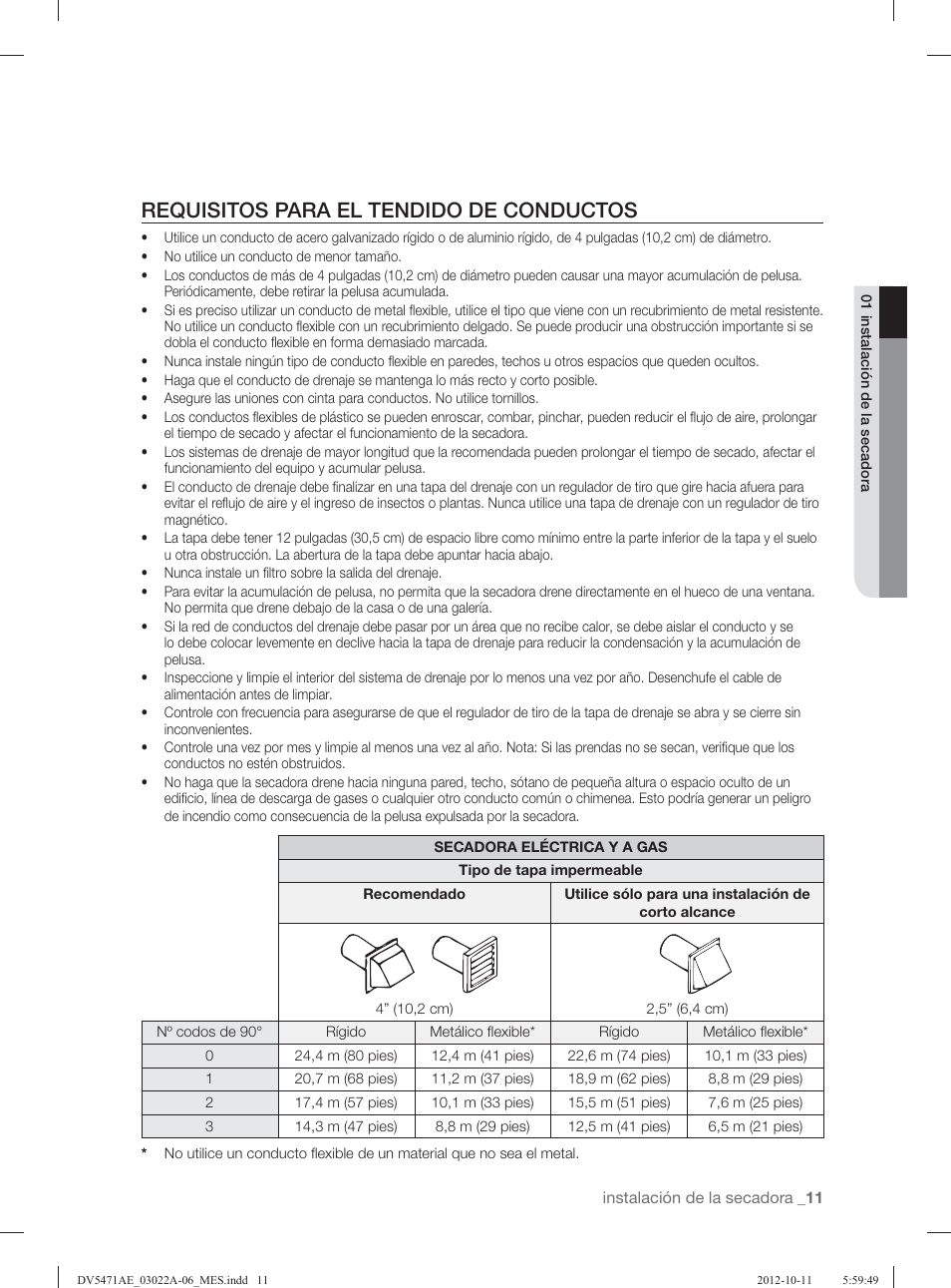 Requisitos para el tendido de conductos | Samsung DV5451AGW-XAA User Manual | Page 51 / 80