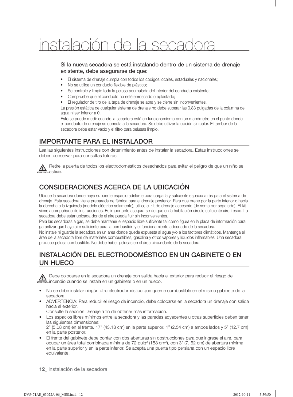 Instalación de la secadora, Importante para el instalador, Consideraciones acerca de la ubicación | Samsung DV5451AGW-XAA User Manual | Page 52 / 80