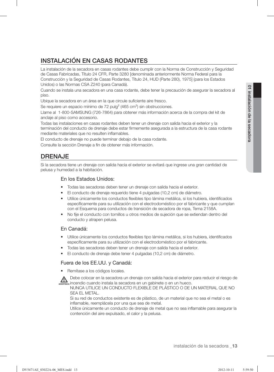 Instalación en casas rodantes, Drenaje | Samsung DV5451AGW-XAA User Manual | Page 53 / 80