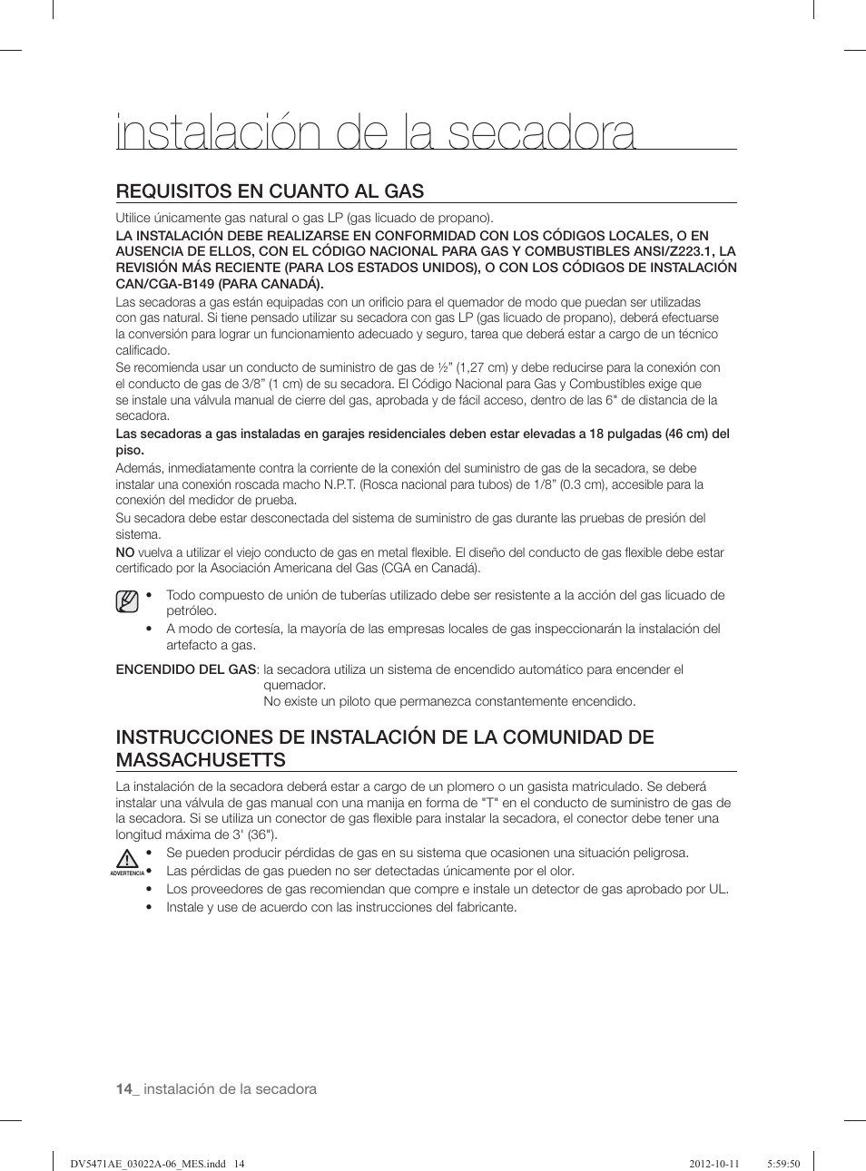 Instalación de la secadora, Requisitos en cuanto al gas | Samsung DV5451AGW-XAA User Manual | Page 54 / 80