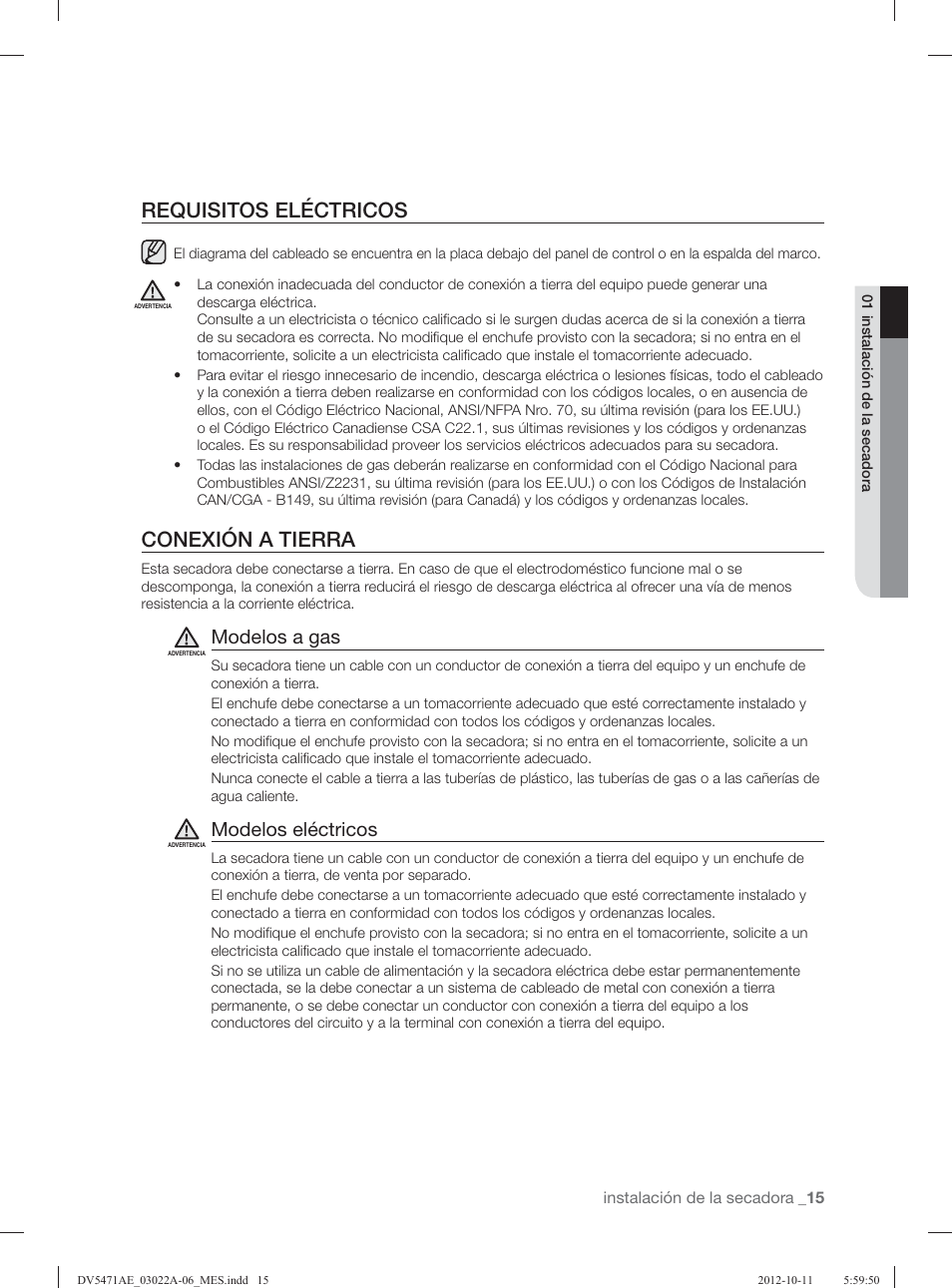 Requisitos eléctricos, Conexión a tierra, Modelos a gas | Modelos eléctricos | Samsung DV5451AGW-XAA User Manual | Page 55 / 80