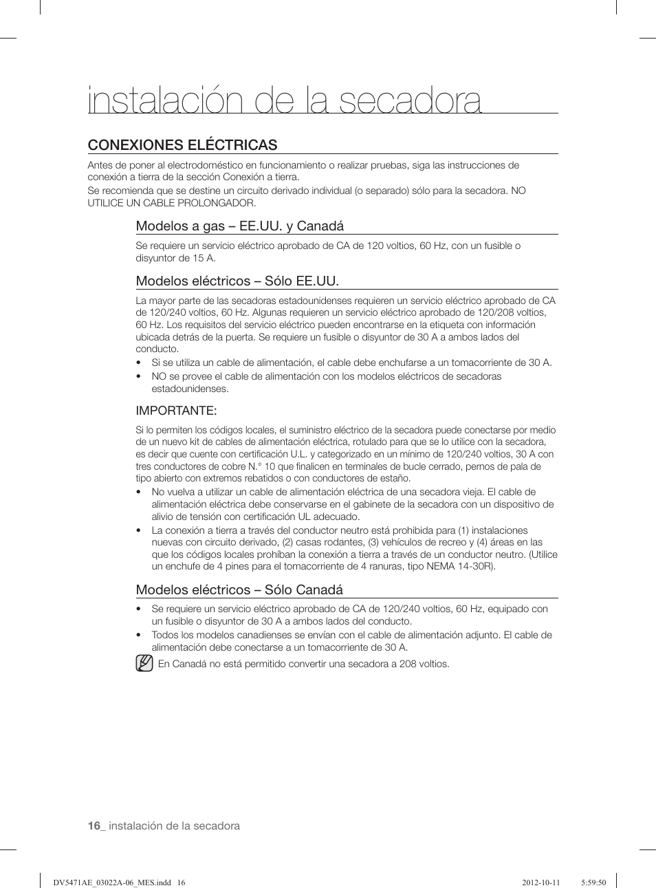 Instalación de la secadora, Conexiones eléctricas | Samsung DV5451AGW-XAA User Manual | Page 56 / 80