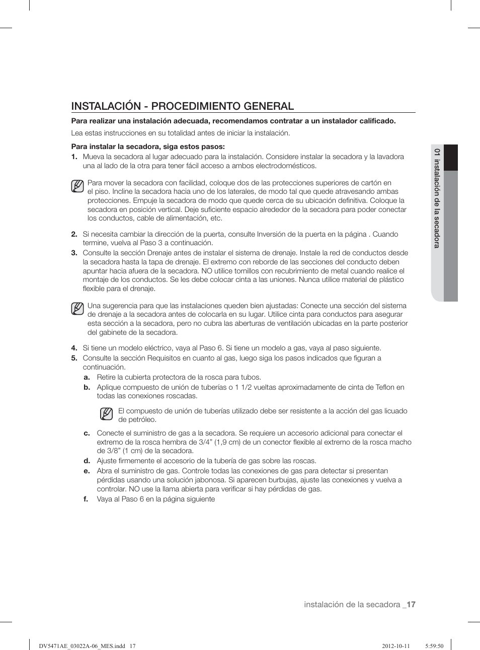 Instalación - procedimiento general | Samsung DV5451AGW-XAA User Manual | Page 57 / 80