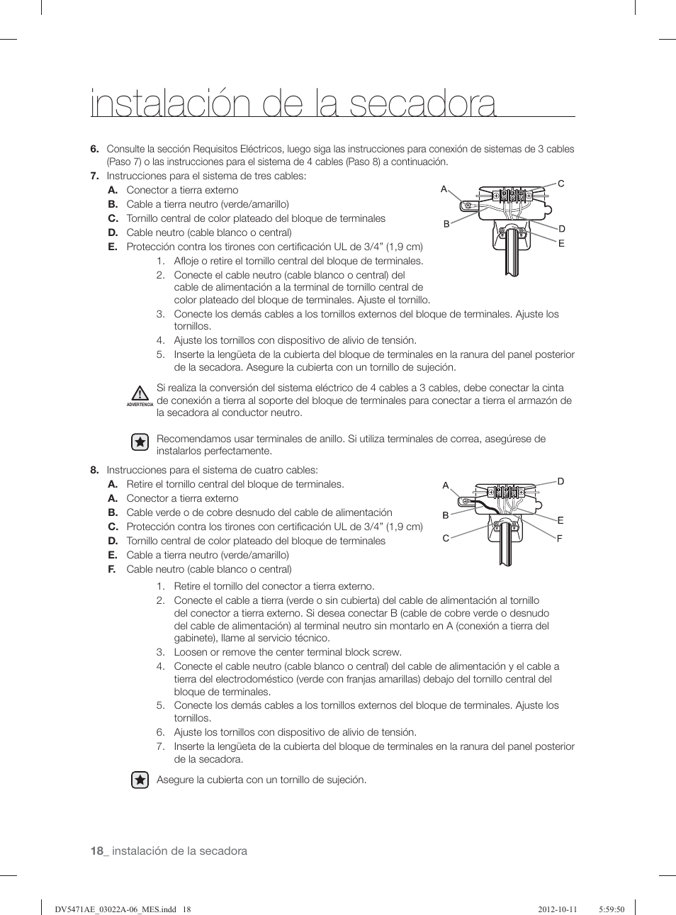 Instalación de la secadora | Samsung DV5451AGW-XAA User Manual | Page 58 / 80