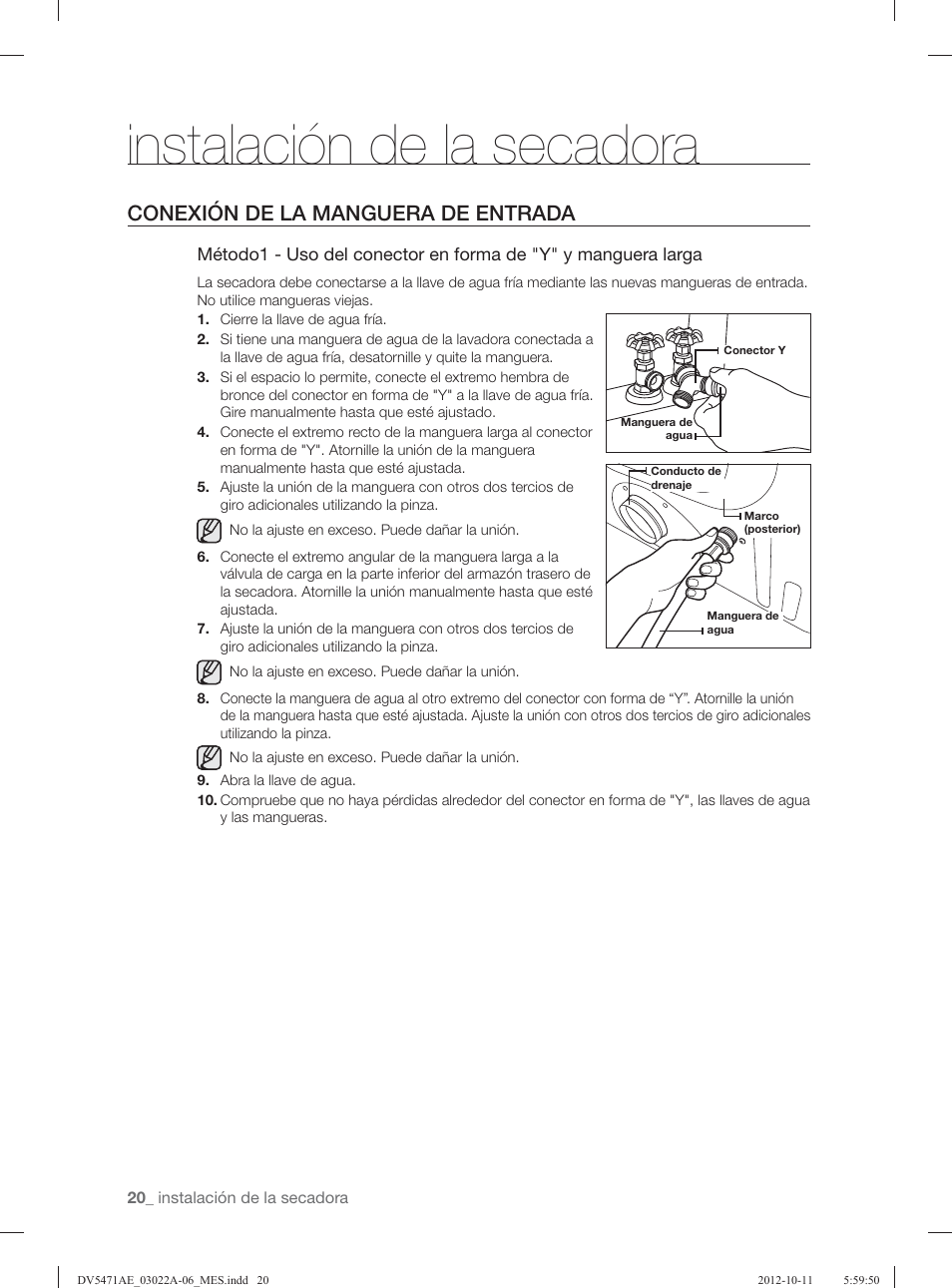 Instalación de la secadora, Conexión de la manguera de entrada | Samsung DV5451AGW-XAA User Manual | Page 60 / 80