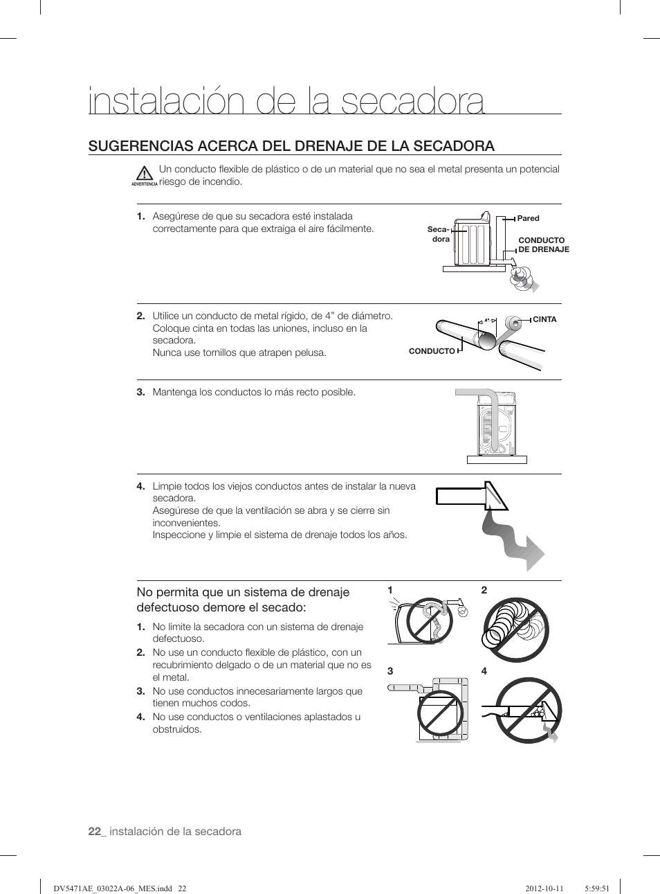 Instalación de la secadora, Sugerencias acerca del drenaje de la secadora | Samsung DV5451AGW-XAA User Manual | Page 62 / 80