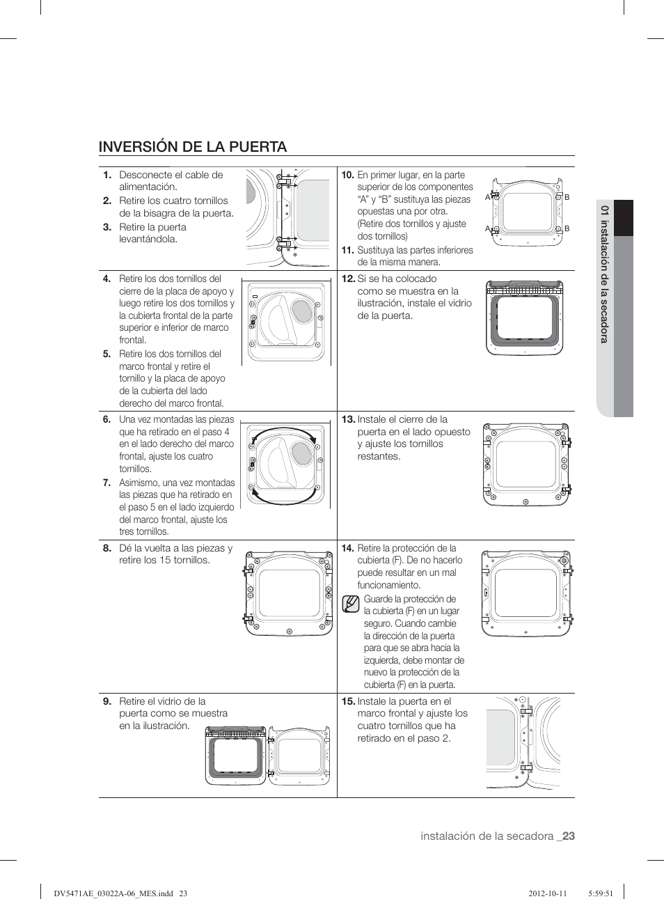 Inversión de la puerta | Samsung DV5451AGW-XAA User Manual | Page 63 / 80