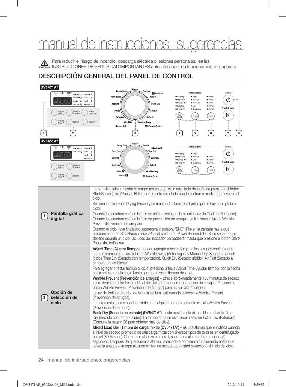 Manual de instrucciones, sugerencias, Descripción general del panel de control | Samsung DV5451AGW-XAA User Manual | Page 64 / 80