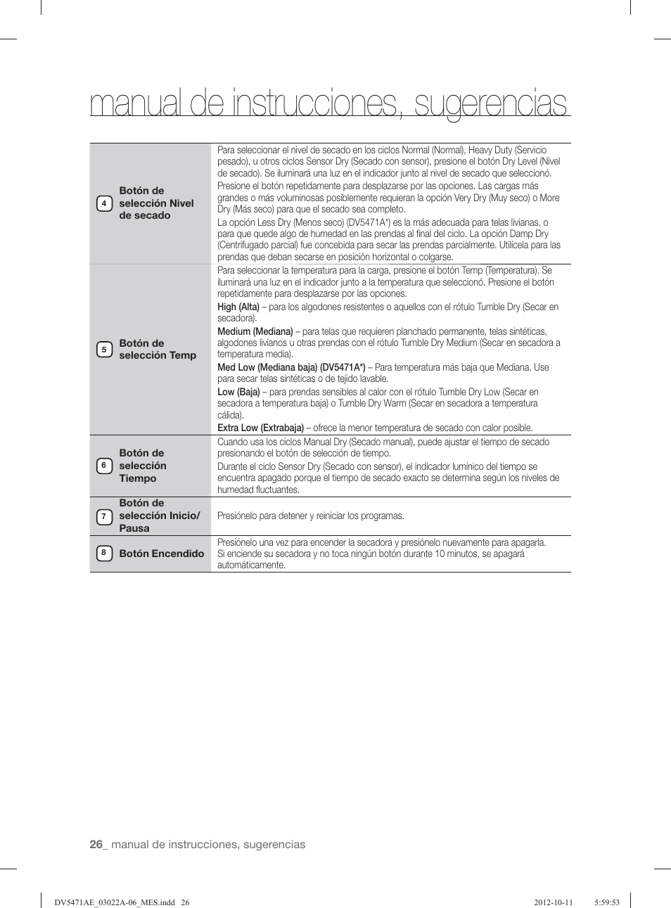 Manual de instrucciones, sugerencias | Samsung DV5451AGW-XAA User Manual | Page 66 / 80