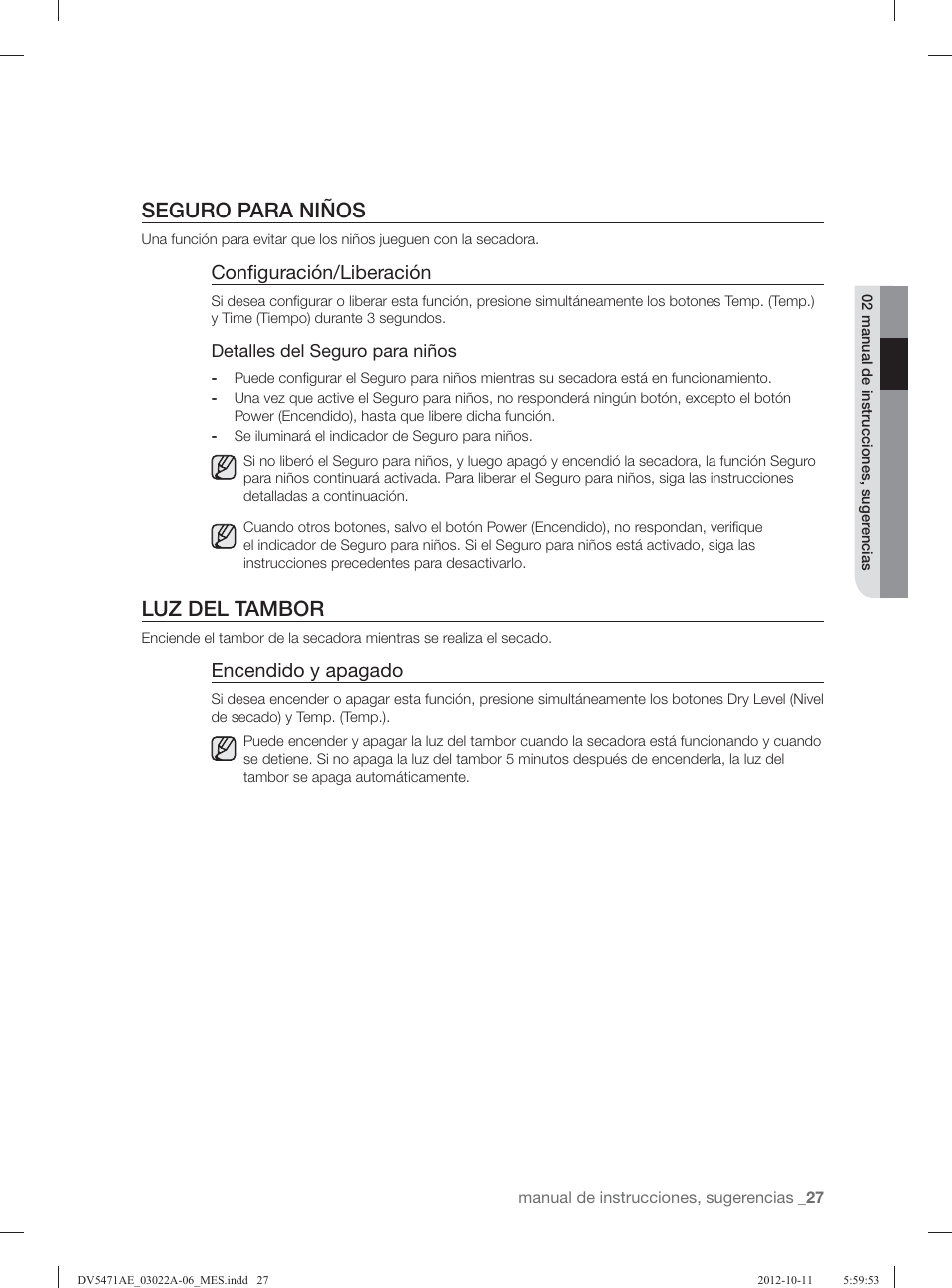 Seguro para niños, Luz del tambor, Conﬁ guración/liberación | Encendido y apagado | Samsung DV5451AGW-XAA User Manual | Page 67 / 80