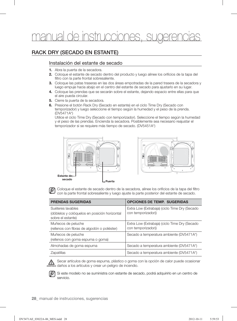 Manual de instrucciones, sugerencias, Rack dry (secado en estante), Instalación del estante de secado | Samsung DV5451AGW-XAA User Manual | Page 68 / 80