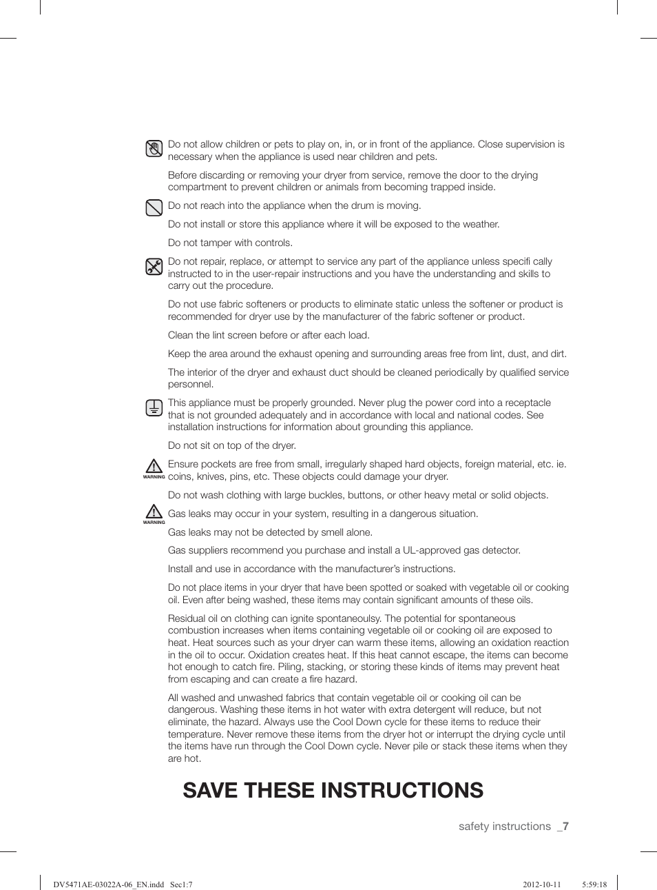 Save these instructions | Samsung DV5451AGW-XAA User Manual | Page 7 / 80