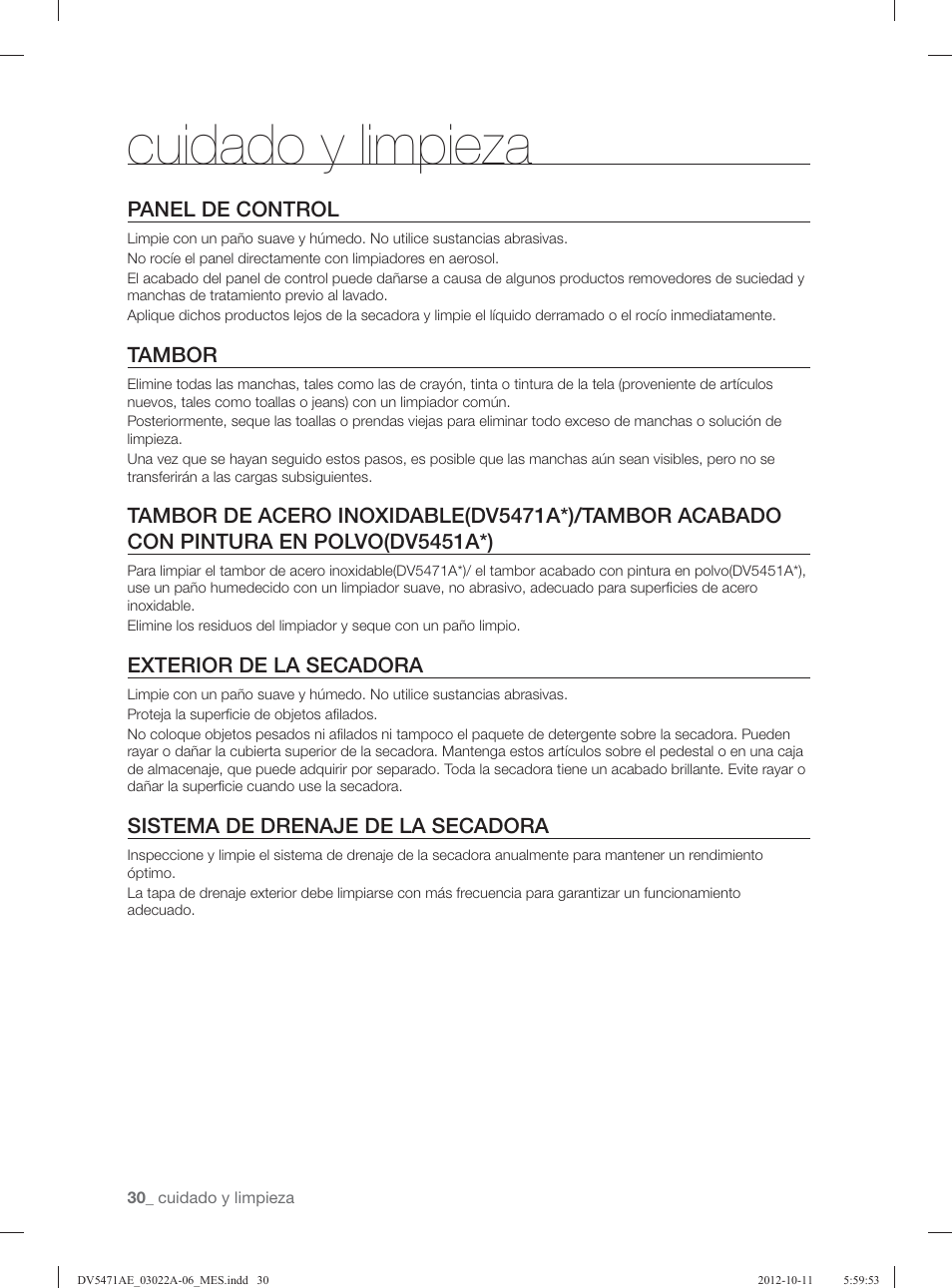 Cuidado y limpieza, Panel de control, Tambor | Exterior de la secadora, Sistema de drenaje de la secadora | Samsung DV5451AGW-XAA User Manual | Page 70 / 80