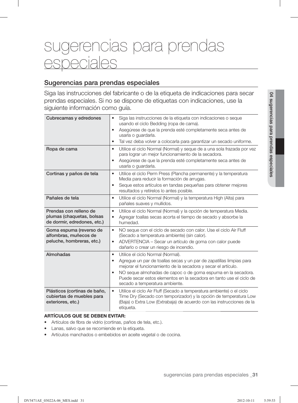 Sugerencias para prendas especiales | Samsung DV5451AGW-XAA User Manual | Page 71 / 80