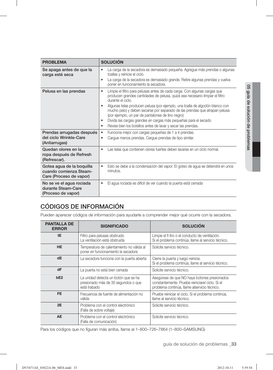 Códigos de información | Samsung DV5451AGW-XAA User Manual | Page 73 / 80