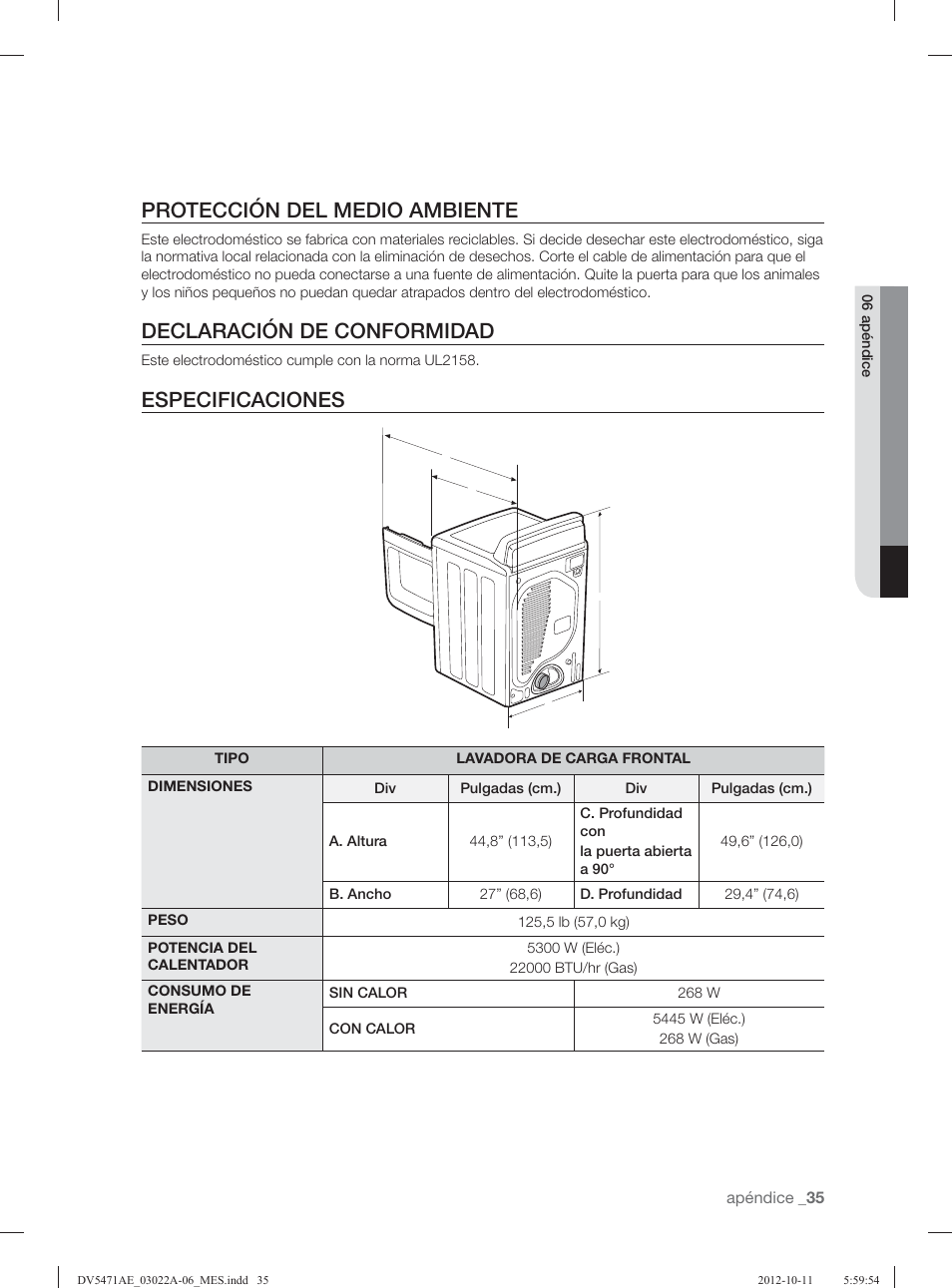 Protección del medio ambiente, Declaración de conformidad, Especificaciones | Samsung DV5451AGW-XAA User Manual | Page 75 / 80