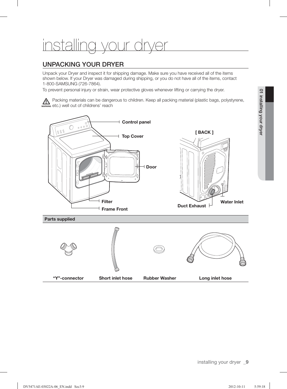 Installing your dryer, Unpacking your dryer | Samsung DV5451AGW-XAA User Manual | Page 9 / 80