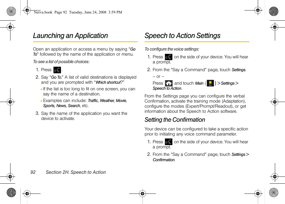 Launching an application, Speech to action settings, Setting the confirmation | Samsung SPH-M800ZKASPR User Manual | Page 104 / 242