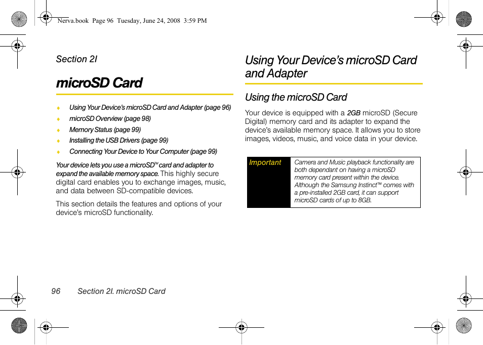 Microsd card, Using your device’s microsd card and adapter, Using the microsd card | Using your device’s microsd card, And adapter | Samsung SPH-M800ZKASPR User Manual | Page 108 / 242