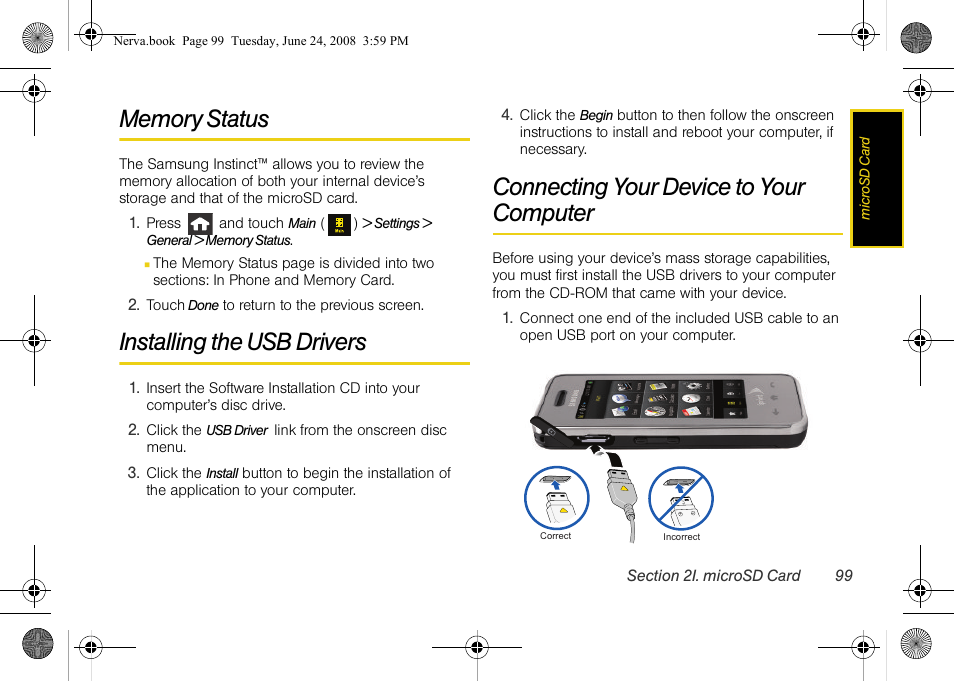 Memory status, Installing the usb drivers, Connecting your device to your computer | Samsung SPH-M800ZKASPR User Manual | Page 111 / 242