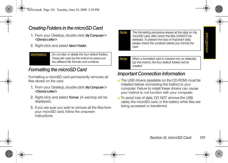 Creating folders in the microsd card, Formatting the microsd card, Important connection information | Samsung SPH-M800ZKASPR User Manual | Page 113 / 242