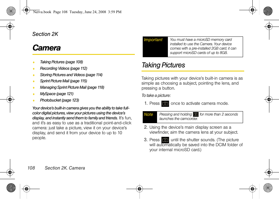 Camera, Taking pictures, 2k. camera | Samsung SPH-M800ZKASPR User Manual | Page 120 / 242