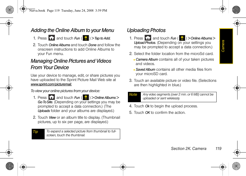 Adding the online album to your menu, Uploading photos | Samsung SPH-M800ZKASPR User Manual | Page 131 / 242