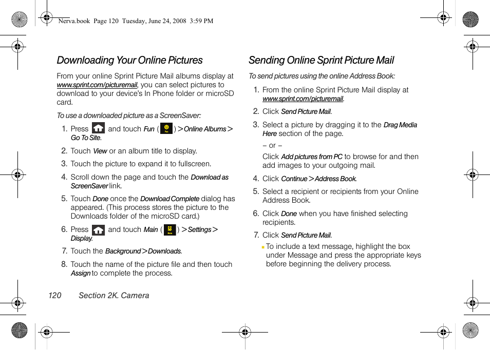 Downloading your online pictures, Sending online sprint picture mail | Samsung SPH-M800ZKASPR User Manual | Page 132 / 242