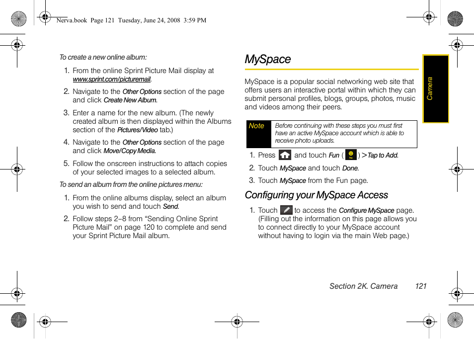 Myspace, Configuring your myspace access | Samsung SPH-M800ZKASPR User Manual | Page 133 / 242