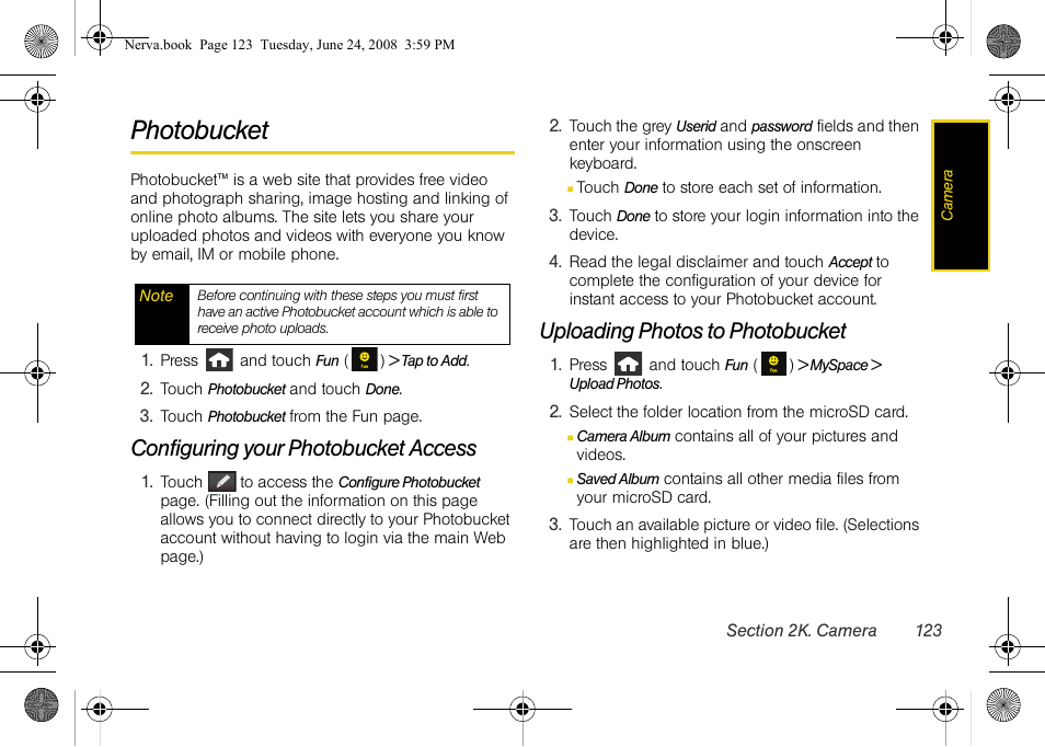 Photobucket, Configuring your photobucket access, Uploading photos to photobucket | Samsung SPH-M800ZKASPR User Manual | Page 135 / 242