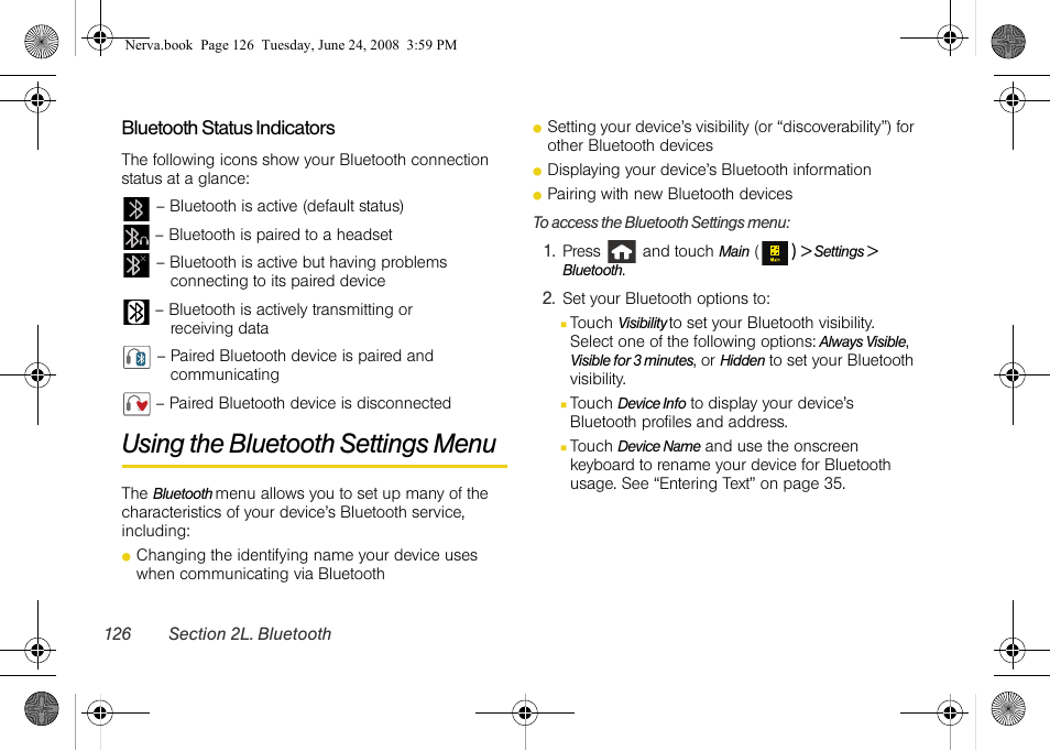 Using the bluetooth settings menu | Samsung SPH-M800ZKASPR User Manual | Page 138 / 242