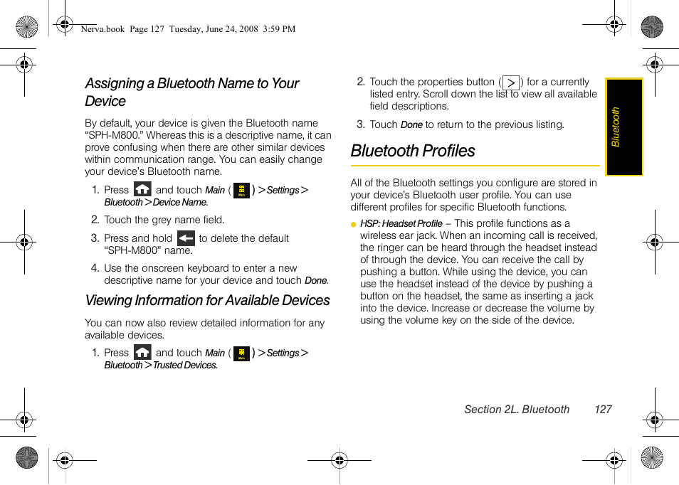 Assigning a bluetooth name to your device, Viewing information for available devices, Bluetooth profiles | Samsung SPH-M800ZKASPR User Manual | Page 139 / 242