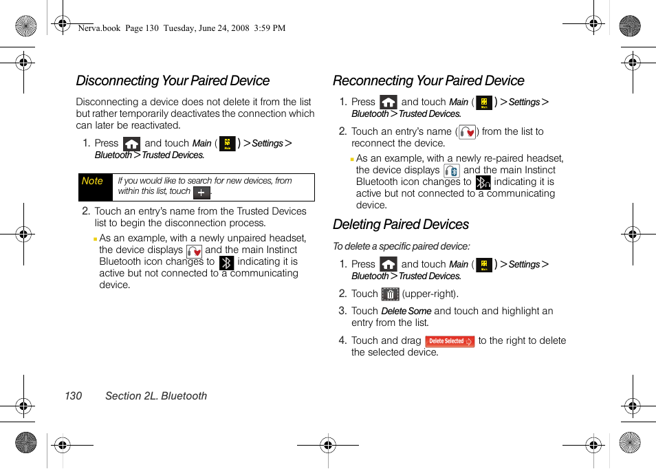 Disconnecting your paired device, Reconnecting your paired device, Deleting paired devices | Samsung SPH-M800ZKASPR User Manual | Page 142 / 242