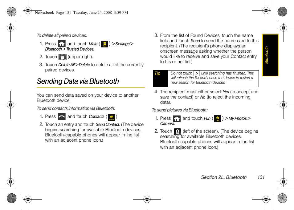 Sending data via bluetooth | Samsung SPH-M800ZKASPR User Manual | Page 143 / 242