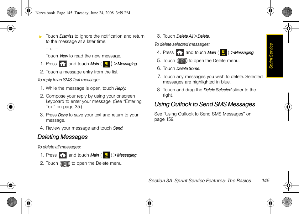 Deleting messages, Using outlook to send sms messages | Samsung SPH-M800ZKASPR User Manual | Page 157 / 242