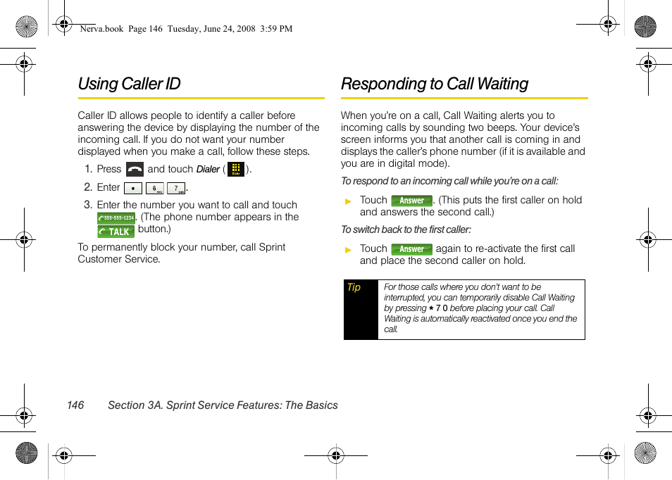 Using caller id, Responding to call waiting | Samsung SPH-M800ZKASPR User Manual | Page 158 / 242