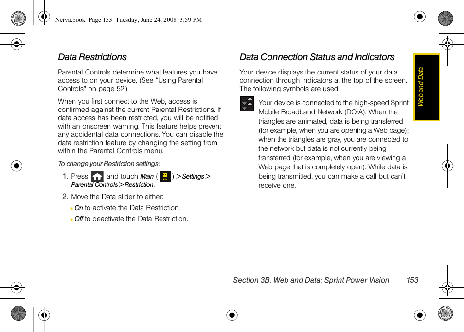 Data restrictions, Data connection status and indicators | Samsung SPH-M800ZKASPR User Manual | Page 165 / 242