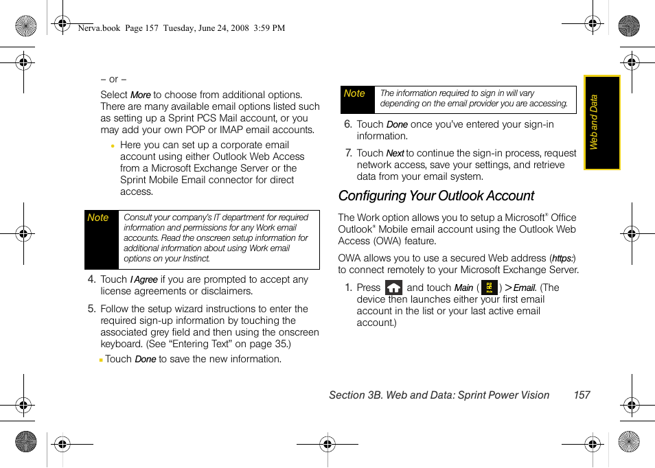 Configuring your outlook account | Samsung SPH-M800ZKASPR User Manual | Page 169 / 242