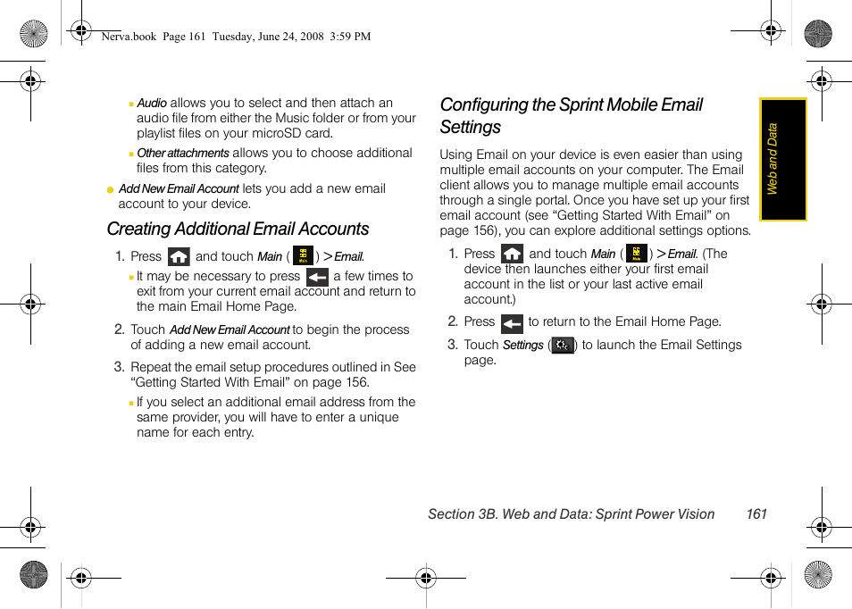 Creating additional email accounts, Configuring the sprint mobile email settings | Samsung SPH-M800ZKASPR User Manual | Page 173 / 242