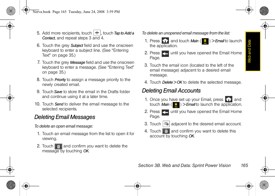 Deleting email messages, Deleting email accounts | Samsung SPH-M800ZKASPR User Manual | Page 177 / 242