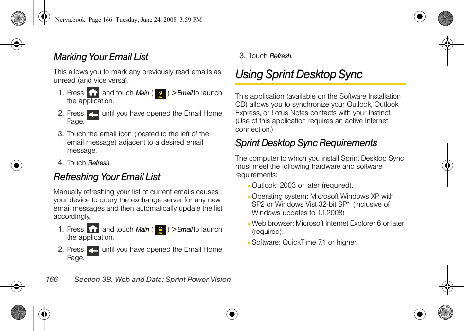 Marking your email list, Refreshing your email list, Using sprint desktop sync | Sprint desktop sync requirements | Samsung SPH-M800ZKASPR User Manual | Page 178 / 242