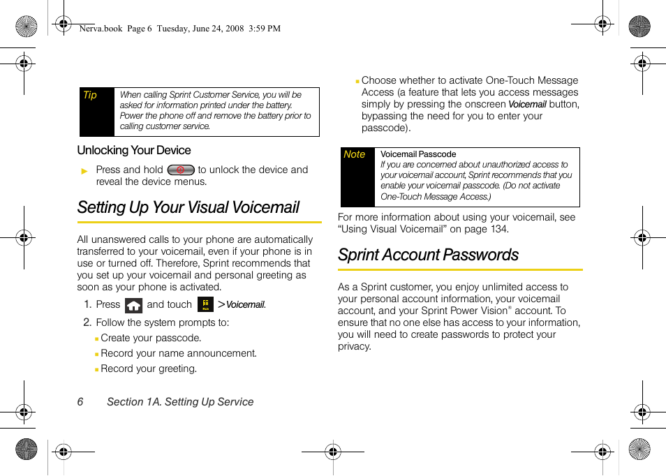 Setting up your visual voicemail, Sprint account passwords | Samsung SPH-M800ZKASPR User Manual | Page 18 / 242