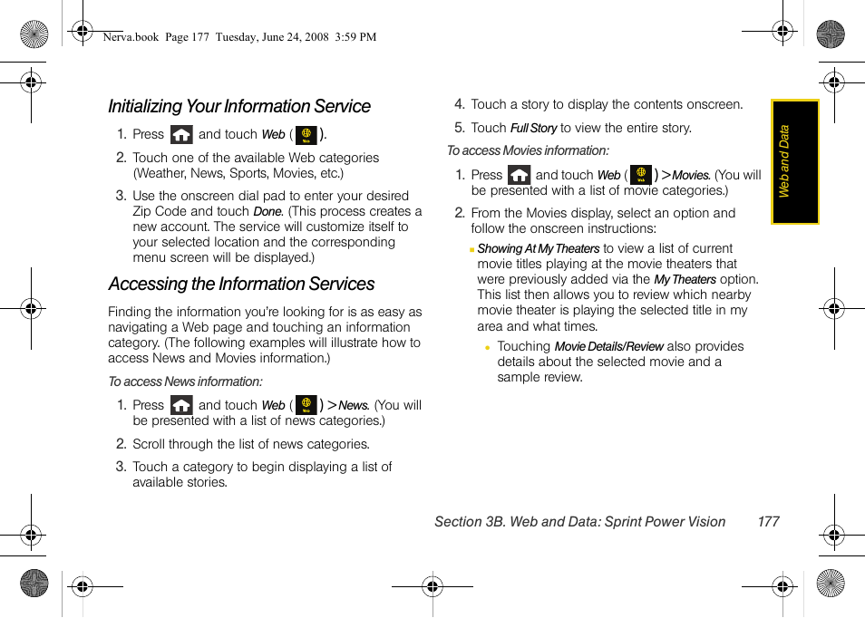 Initializing your information service, Accessing the information services | Samsung SPH-M800ZKASPR User Manual | Page 189 / 242