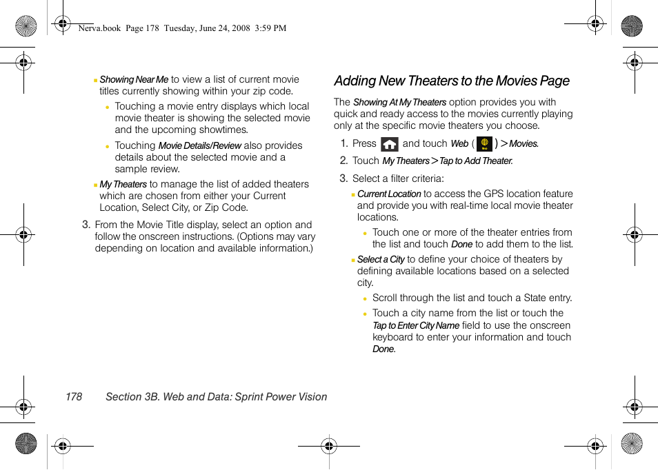 Adding new theaters to the movies page | Samsung SPH-M800ZKASPR User Manual | Page 190 / 242